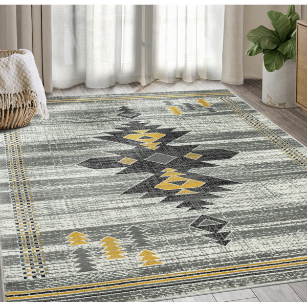 Union Rustic Galey Power Loom Performance Black/Yellow/Gray Rug
